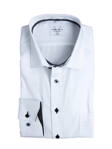 Chemise Marvelis MODERN FIT UNI POPELINE blanc avec col Nouveau Kent en coupe moderne