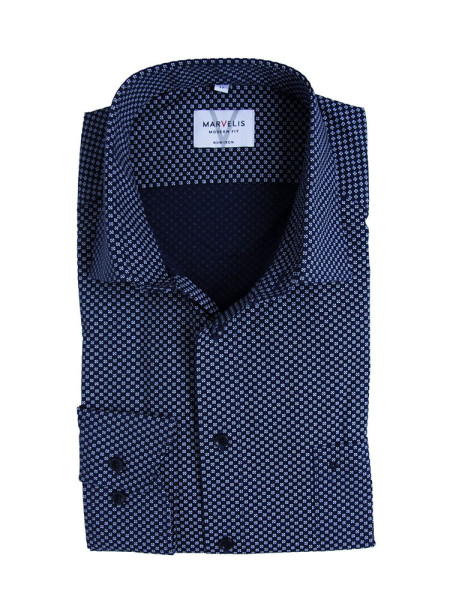 Chemise Marvelis MODERN FIT UNI POPELINE bleu foncé avec col Nouveau Kent en coupe moderne